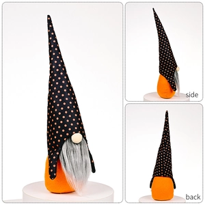 Front side and back views of an orange Halloween gnome plush with a dotted pointed hat