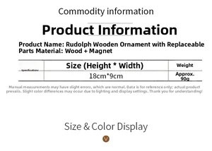 Size chart for Rudolph wooden ornament showing dimensions 18x9cm and magnet features