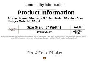 Detailed size chart for the Welcome Rudolph wooden door hanger with measurements and weight