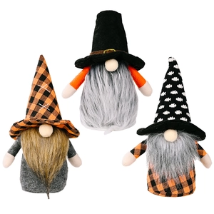 Three Halloween faceless gnomes with pointed hats and long plush beards home decoration