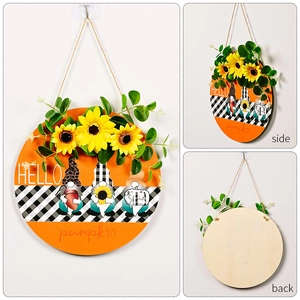 Panneau de porte en bois Hello Pumpkin avec tournesols et gnomes, vues variées