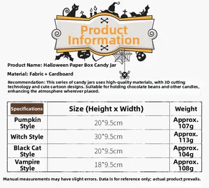 Detailed size chart for Halloween candy boxes featuring pumpkin, witch, and ghost motifs