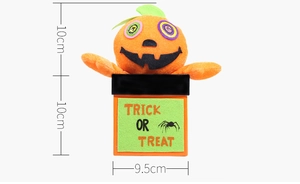 Detail of Halloween pumpkin plush gift box with Trick or Treat text and 10cm dimensions