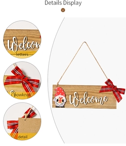 Detail showing the wooden Welcome sign with a Christmas gnome and red plaid bow decoration