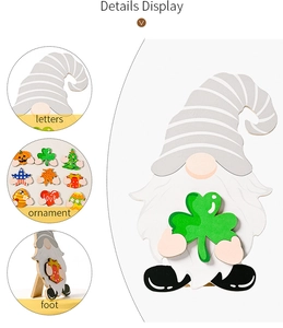 Detail display of wooden gnome ornament with interchangeable seasonal holiday accessories