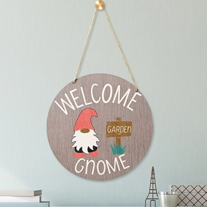 Round wooden welcome gnome garden sign with red hat character and rustic hanging rope