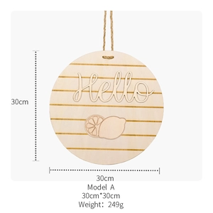 30cm round wooden Hello door sign with lemon pattern and 249g weight specification