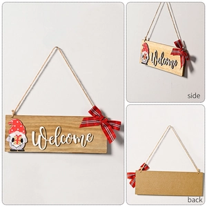 Detail view of wooden Christmas welcome sign with gnome, side and back perspective views