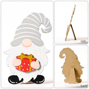 Christmas gnome wooden standee with red gift box and foldable support detail