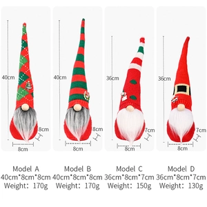 Detailed dimensions and weight comparison of four festive knitted Christmas gnome dolls
