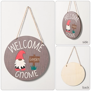 Wooden Welcome Gnome Garden Sign with red hat illustration and rustic jute rope hanging loop