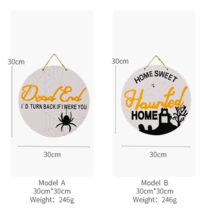 Houten Halloween deurbordjes met spookhuis thema, ronde decoratieve borden van 30 cm