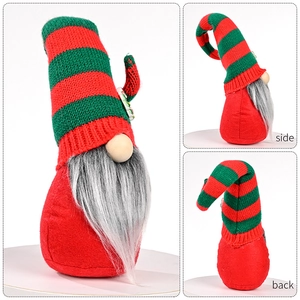 Detailed views showing front, side and back of a knit Christmas gnome doll with long hat