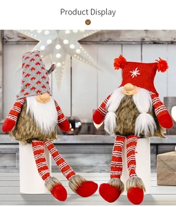 Detail of Christmas gnomes with knitted hats and striped long legs in a festive setting