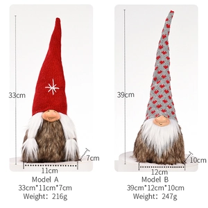 Detailed comparison of red and gray knitted Christmas gnomes with size and weight specs