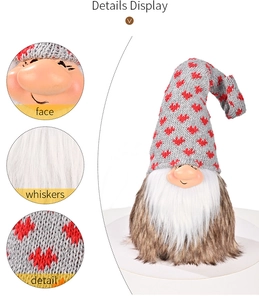 Macro detail of Christmas gnome showing knitted heart hat, soft beard and fur body