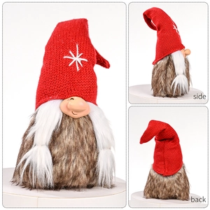 Three-sided view of a Christmas gnome doll with red knitted hat and white beard