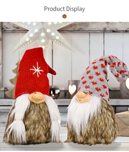 Detail view of two Christmas gnomes with knitted hats and white fur beards for holiday decor