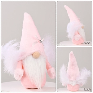 Vistas detalladas del gnomo navideño rosa con alas de plumas, tomte de peluche en varios ángulos