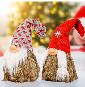 Detail of Christmas gnomes with knitted hats and faux fur beards in festive warm lighting