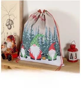 Close-up of a rustic Christmas drawstring gift bag featuring festive gnome and forest prints