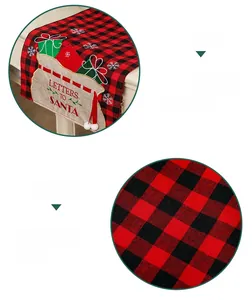 Close-up of Christmas table runner featuring red black plaid and Letters to Santa embroidery