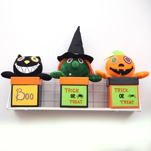 Halloween plush figurines set featuring black cat, witch and pumpkin in Boo gift boxes