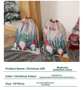Detail of Christmas gnome gift bag made of faux linen fabric with red drawstring closure