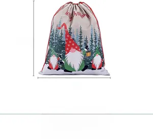 Close-up of burlap Christmas gift bag with gnomes and 70x49cm dimensions displayed