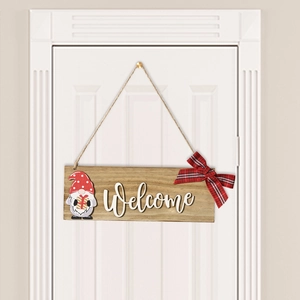 Christmas gnome wooden welcome door sign with red buffalo plaid bow and gift box decor