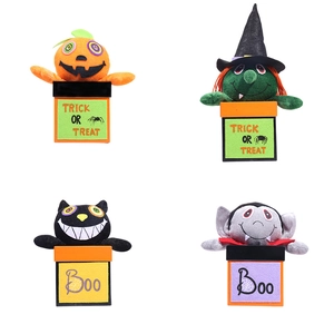 Halloween plush toys set featuring pumpkin, witch, black cat, and vampire in gift boxes