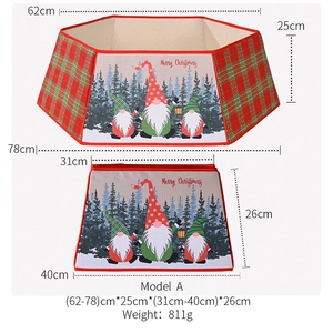 Detail view of plaid Christmas tree collar with gnome print and Merry Christmas text