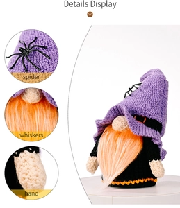 Λεπτομέρειες του ξωτικού Halloween με μαύρη αράχνη, πορτοκαλί γένια και πλεκτή χειροτεχνία