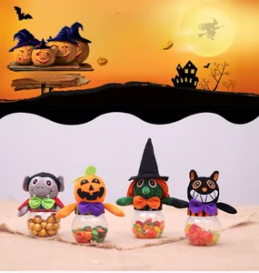 Detailed set of four Halloween candy jars featuring vampire, pumpkin, witch and black cat