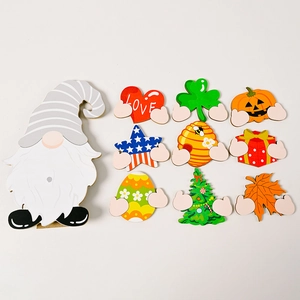 Interchangeable wooden gnome tabletop decor set with 9 seasonal and holiday icons