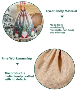 Detail of eco-friendly linen Christmas gift bag with gnome print and red drawstring