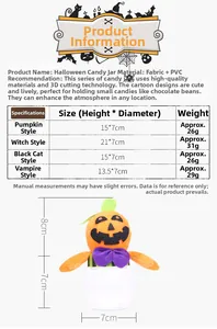 Detailed sizing chart and specifications for Halloween character pumpkin candy jars