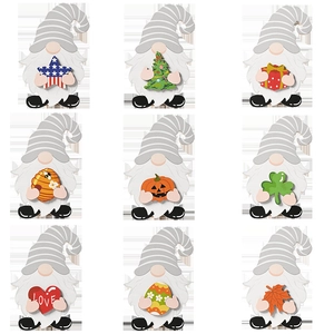 9-piece set of wooden gnome ornaments with seasonal holiday accessories and striped hats
