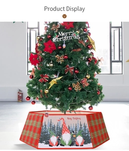 Detail of Christmas tree collar with red and green plaid pattern and gnome prints