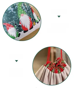 Detail of Christmas gnome drawstring gift bag showing durable linen texture and red cords