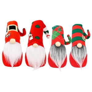 Set of 4 Christmas gnomes with knitted hats and long faux fur beards for holiday decor