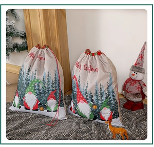Linen Christmas drawstring gift bag with Nordic gnome and festive forest patterns