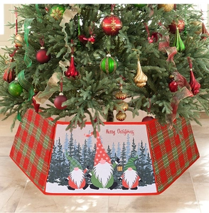 Detail of Christmas tree collar with plaid pattern and festive gnome illustrations