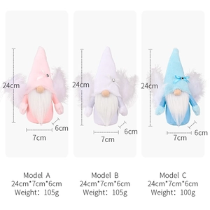 Tres gnomos navideños de colores con alas de plumas blancas y sombreros de felpa, 24cm