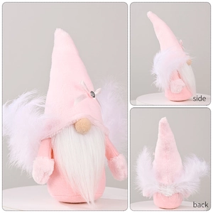 Gnomo navideño rosa con alas de plumas blancas y lazo, vistas frontal, lateral y trasera