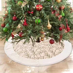 Round white plush Christmas tree skirt with gold branch patterns for festive home decoration