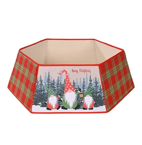 Detail of hexagonal Christmas tree collar with red plaid patterns and festive gnomes