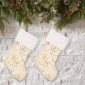 Plush cream Christmas stockings with gold branch patterns and white faux fur trim set