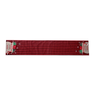 Red and black plaid Christmas table runner featuring festive Santa Claus mail prints