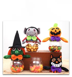 Set of 4 Halloween candy jars with witch, bat, pumpkin, and cat character lid toppers